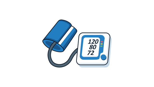 Digital Blood Pressure Monitor with Cuff Vector Illustration. Modern Flat Icon of a Sphygmomanometer Showing Normal Reading 120 over 80. Medical Device for Health Monitoring on White Background.