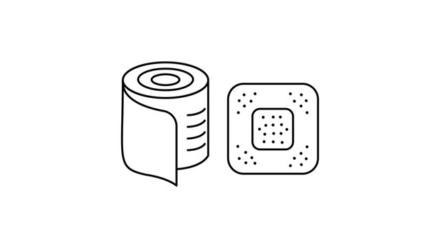 Minimalist black line vector icon illustration of a medical bandage roll and a square adhesive plaster patch, isolated on a white background for healthcare, first aid, and medical design.