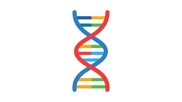 Modern flat vector icon of a colorful DNA double helix on a white background, representing genetics, biology, science research, and healthcare, clean scalable illustration for medical design.