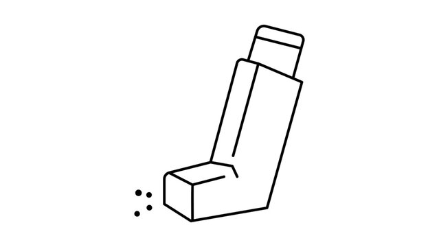 Minimalist black line vector icon of a handheld asthma inhaler on a white background, representing respiratory health, medical treatment, and emergency relief for breathing difficulties.