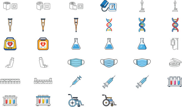 32 Medical and Laboratory Vector Icon Set Bundle featuring Healthcare First Aid and Science Equipment including DNA Helix Syringe Face Mask Test Tubes Wheelchair Defibrillator and Bunsen Burner
