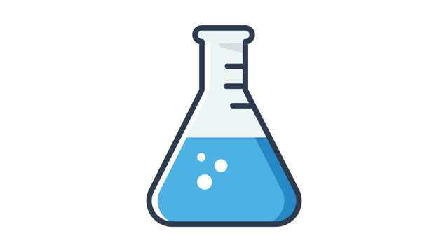 Erlenmeyer flask vector icon illustration. A modern flat design of a conical laboratory flask with blue liquid and bubbles inside, perfect for science, chemistry, education, and research projects.