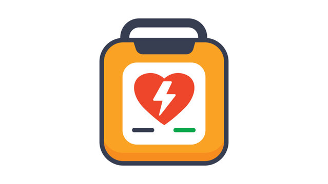 Modern flat vector icon illustration of a portable automated external defibrillator AED on a white background, representing emergency medical equipment for heart resuscitation and first aid.