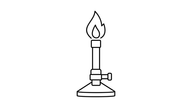 Minimalist black line vector icon of a Bunsen burner with a flame, a scalable laboratory equipment illustration for science, chemistry, and education projects, isolated on a white background.