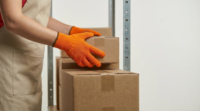 Woman warehouse worker placing cardboard box on shelving rack. Storekeeper sorting packages in storage room. Logistics, shipment, delivery and supply chain management concept.