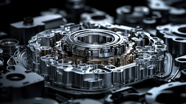 Intricate mechanical assembly showcases a central bea surrounded by complex metal components, beautifully lit and arranged on a dark surface demonstrating precision.
