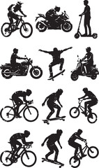 Obraz premium Set of active urban transportation and extreme sports silhouettes. Vector black icons of people riding bicycles, motorcycles, skateboards, and electric scooters with distressed texture.