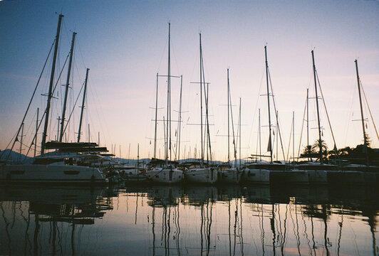 Film Photo of Sailboats in Marina at Sunset