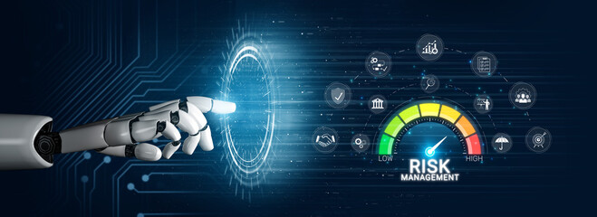 Futuristic Robotic Hand Engaging with Risk Management Concept on Digital Screen, Showcasing Data...