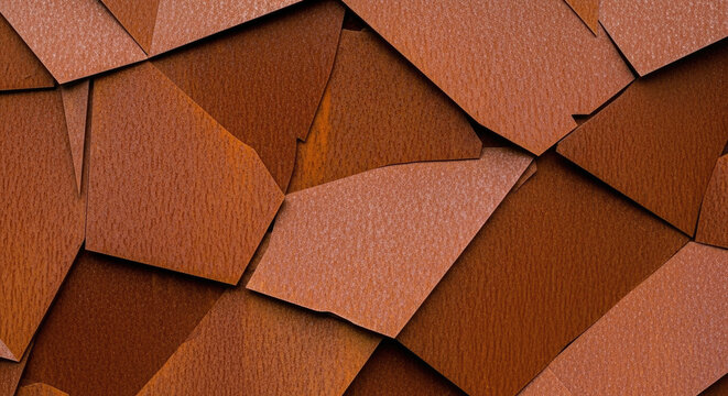 Angled overlapping rust-colored Corten steel panels create an abstract geometric surface texture offering a modern industrial background design element