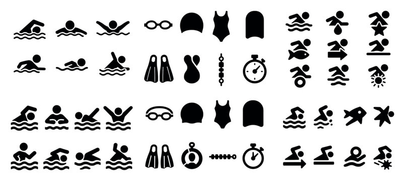 Swimming icons with swimmer goggles cap bold outline