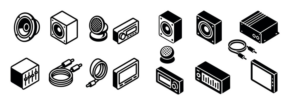Audio icons with speaker microphone radio isometric