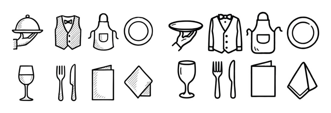 Restaurant icons with cloche wine glass fork outline