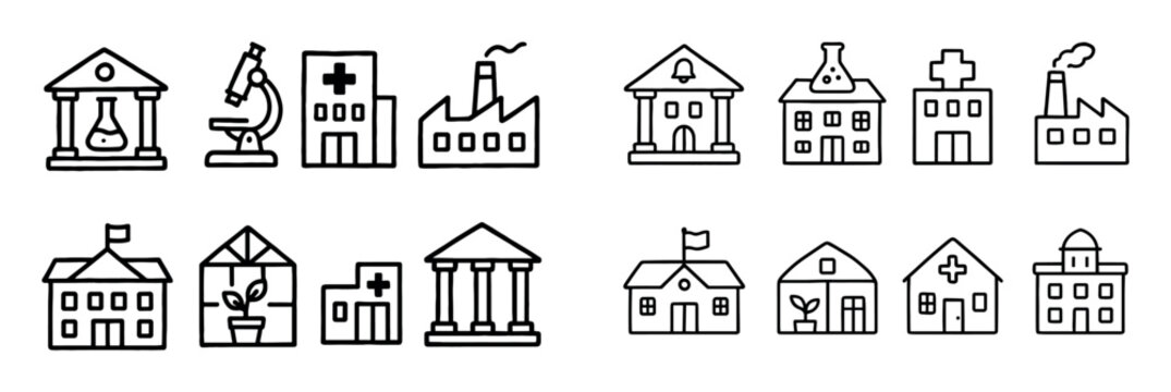 Healthcare icons with microscope hospital building outline
