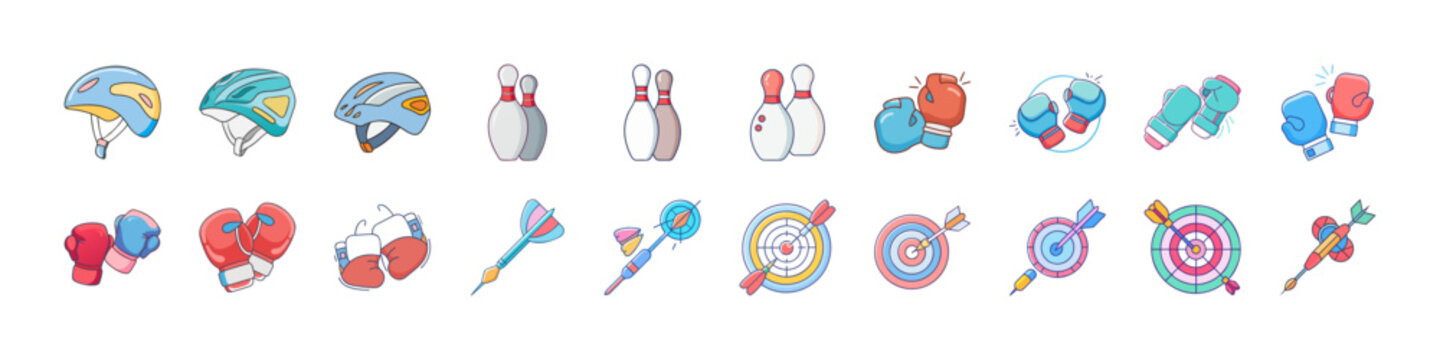 Sports equipment icons set boxing tennis fitness gear - Flat collection of sports equipment icons featuring boxing gloves, rackets, balls, and fitness gear for training, competition, and active lifest