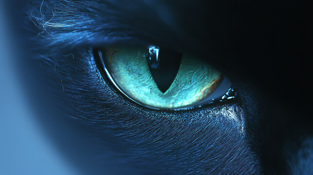 A striking macro shot captures the piercing turquoise eye of a black cat, its gaze intense and mysterious against a dark and subtly illuminated background.