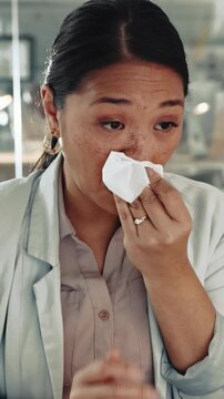 Sneeze, laptop and sick woman with tissue in office, allergy season and viral infection for running nose. Pc, health problem and ill employee with hayfever in workplace, influenza symptoms and sinus