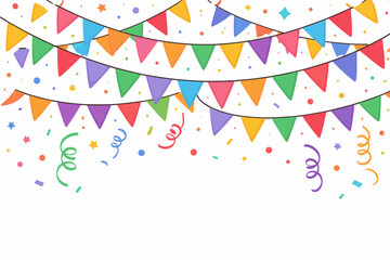 Obraz premium Vivid Pennant Streamers and Hanging Bunting Ribbon with Scattered Confetti and Cascading Paper Tails for Joyous Occasion Display, Minimal Flat Illustrated Background for Birthdays, Fairs, Milestones,