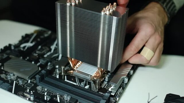 Hands using a screwdriver to install a massive heatsink with heat pipes onto the motherboard processor. Close-up of the PC assembly.
