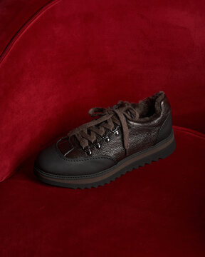 Brown sneaker on red background with soft texture