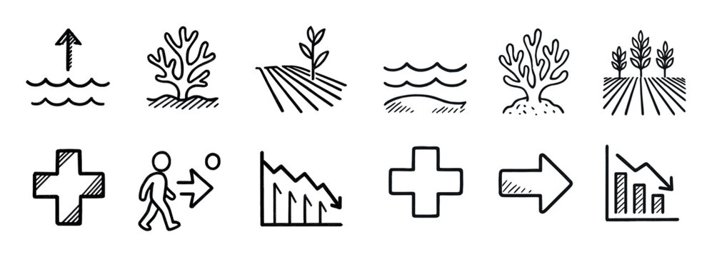 Nature icons with wave coral plant sketch style