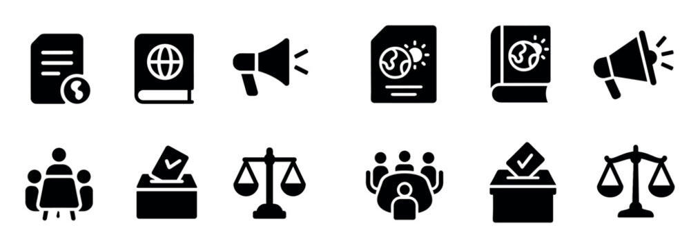 Civic icons with ballot megaphone document minimal