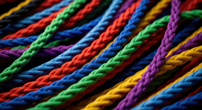 Multicolored braided ropes pattern forming a vibrant textured backdrop in a variety of bright hues and intricate weaving details