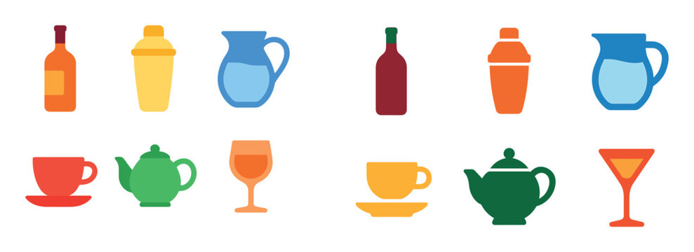 Beverage icons with bottle teapot cup flat colorful