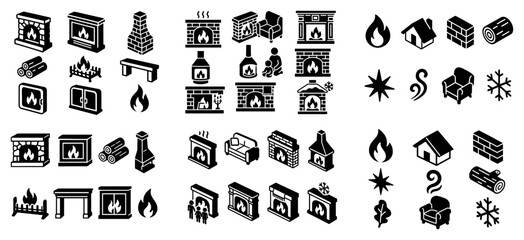 Naklejka premium Hearth icons with fireplace log brick minimal