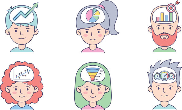 Diverse business people with data visualization in their minds representing analytics and strategy flat vector illustration for concept