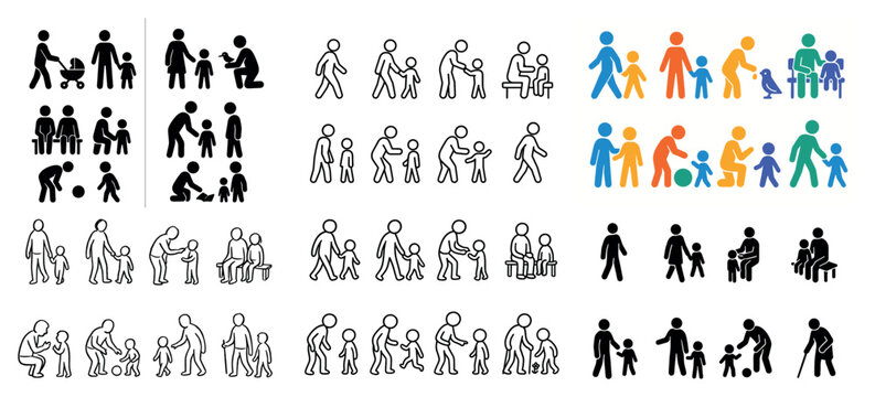 Family icons with parent child stroller minimal