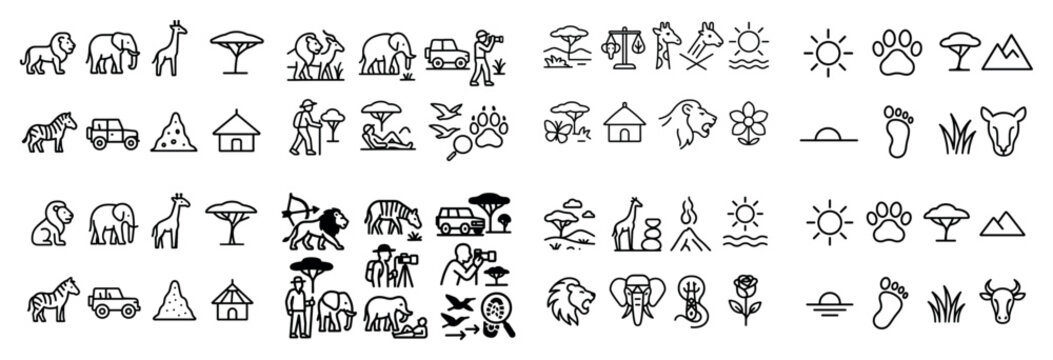 Safari icons with elephant giraffe lion outline minimal