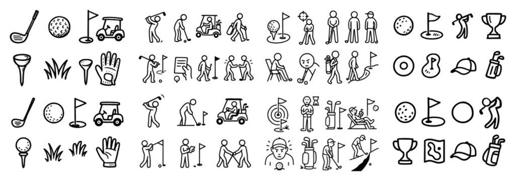 Golf icons with club ball cart flag trophy outline