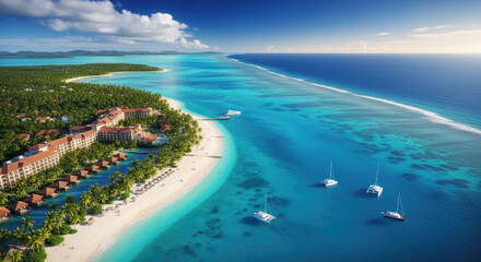Obraz premium Aerial view of luxury tropical resort on turquoise sea with sandy beach and sailboats under bright blue sky on exotic island getaway