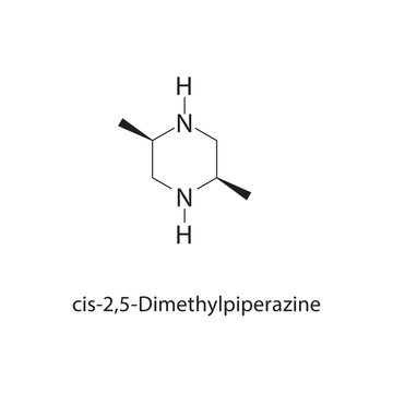 cis-2,5-Dimethylpiperazine skeletal structure. amine compound schematic illustration. Simple diagram, chemical formula.
