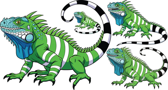 Green iguana lizard vector set, tropical reptile illustrations with striped tails, exotic lizard mascot collection for zoo and nature branding