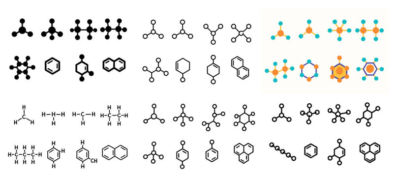 Chemistry icons with molecule ring chain simple outline