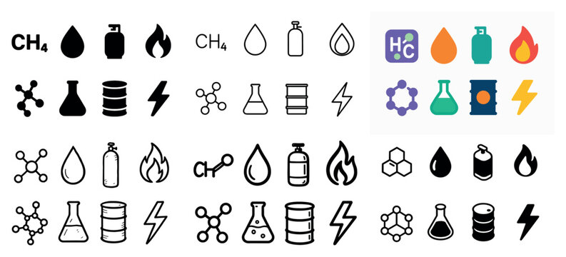 Chemistry icons with flask barrel droplet outline