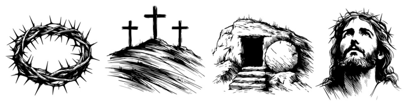 Easter religious symbols hand drawn set, Jesus Christ portrait with crown of thorns and empty tomb, crucifixion crosses on Golgotha sketch