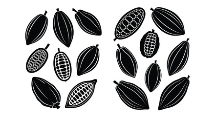 Collection of cocoa pods depicted in a striking black silhouette © md