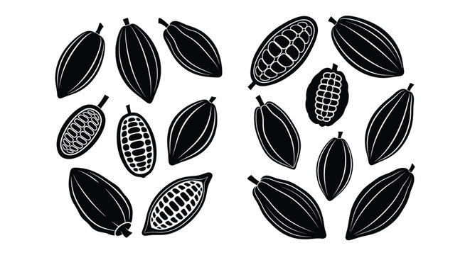 Collection of cocoa pods depicted in a striking black silhouette