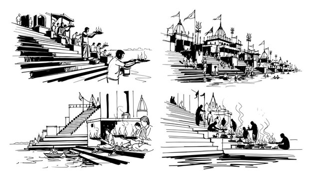 Varanasi India ghats hand drawn set, religious ritual on Ganges river bank, Hindu temple and pilgrims vintage sketch illustration