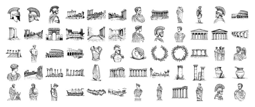 Ancient Rome and Greece icons set hand drawn sketch, Roman empire history elements, mythology architecture and statues collection, engraving style vector