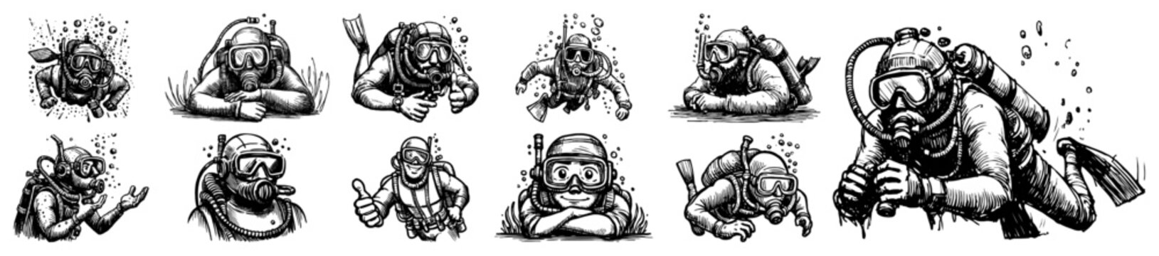 Scuba divers set hand drawn sketch, professional divers underwater swimming and exploring, marine sports vector illustration