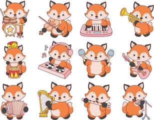 Obraz premium Cute set of Fox sticker with activity. Fox with variation of random activity