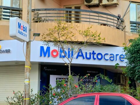 Cairo, Egypt, February 6 2026: a Mobil Autocare service center, which specializes in automotive maintenance services such as oil changes and minor repairs