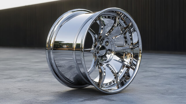 A gleaming chrome car wheel showcases its intricate spoke design and smooth reflective surface on a textured concrete floor in a minimalist setting outdoors.