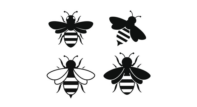 Four black bee illustrations with striped abdomens a graphic silhouette