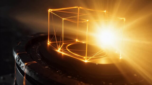 Geometric cube with glowing light symbolizing ecological sustainability and green energy