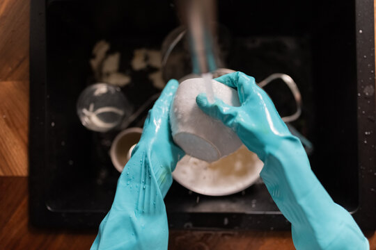 Top view of washing dishes